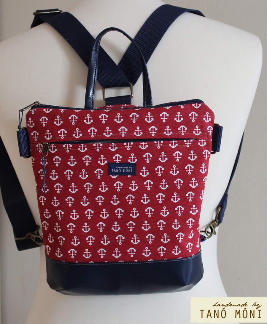 MIDDLE BAG 2 in 1 hátizsák és táska piros és kék horgonymintás